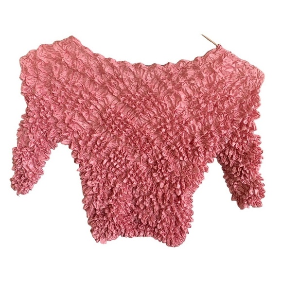 Vintage Pink Scrunchie Popcorn Y2K Semi Sheer Stretchy Women’s Crop Top - Picture 1 of 4